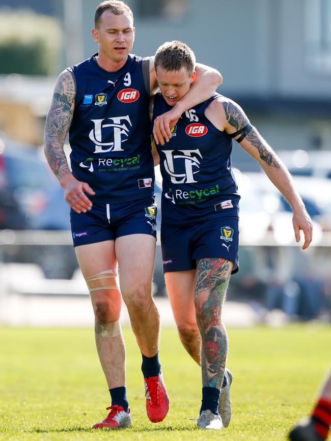 Launceston Football Club players Mitchell Thorp and Dylan Riley celebrate one of Thorp's goals against Lauderdale Picture: PATRICK GEE