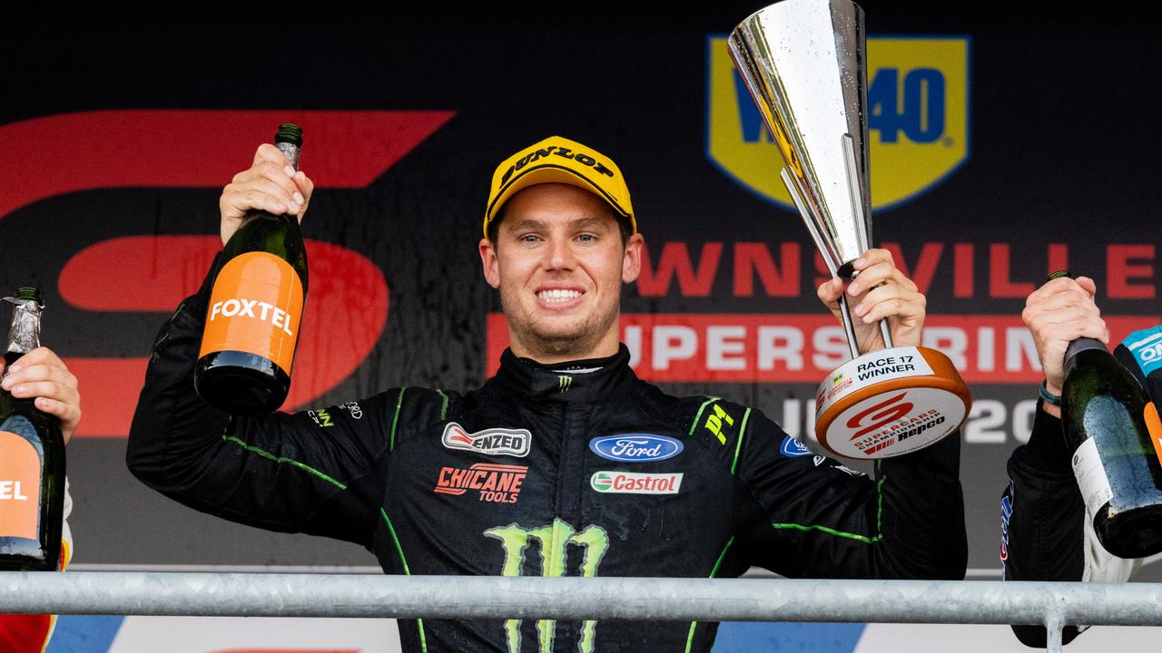 TOWNSVILLE, AUSTRALIA - JULY 17: Cameron Waters drives the #6 Monster Energy Ford Mustang celebrates after winning race 1 of during the Townsville SuperSprint which is part of the 2021 Supercars Championship, at Reid Park, on July 17, 2021 in Townsville, Australia. (Photo by Daniel Kalisz/Getty Images)