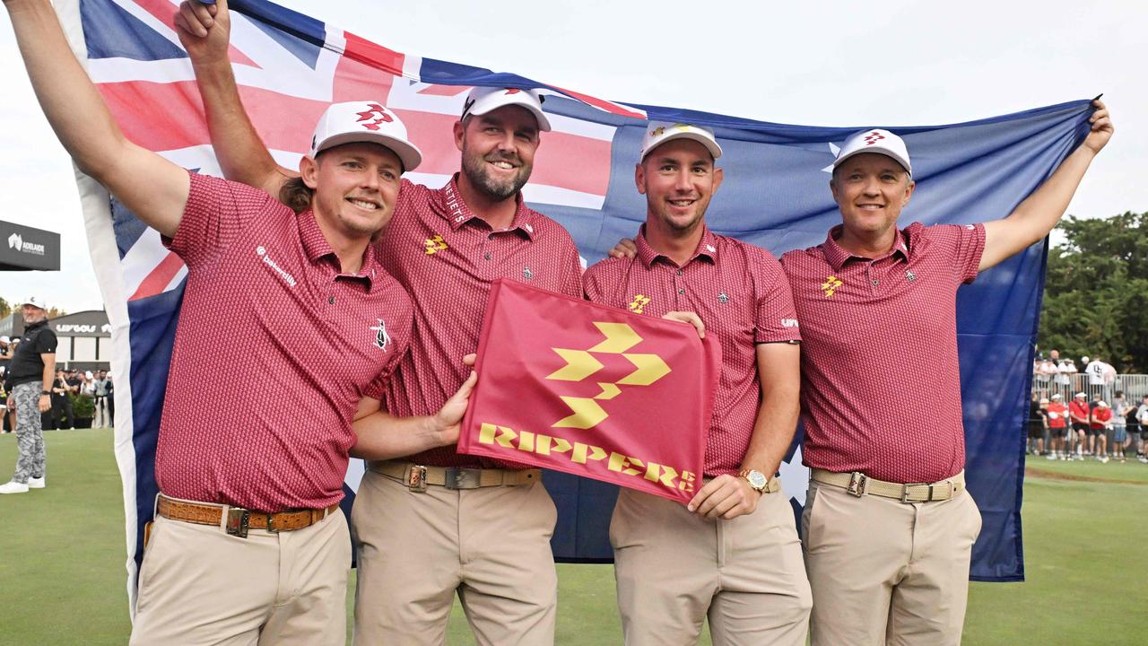 Australia's Cameron Smith, Marc Leishman, Lucas Herbert, and Matt Jones celebrate winning the team competition after the final round of LIV Golf Adelaide. Picture: Brenton Edwards / AFP