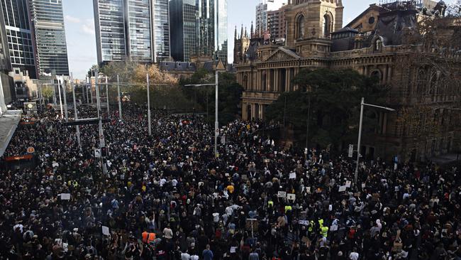 Social distancing was not observed when a massive crowd converged on Sydney Town Hall yesterday for a Black Lives Matter protest. Picture: Adam Yip