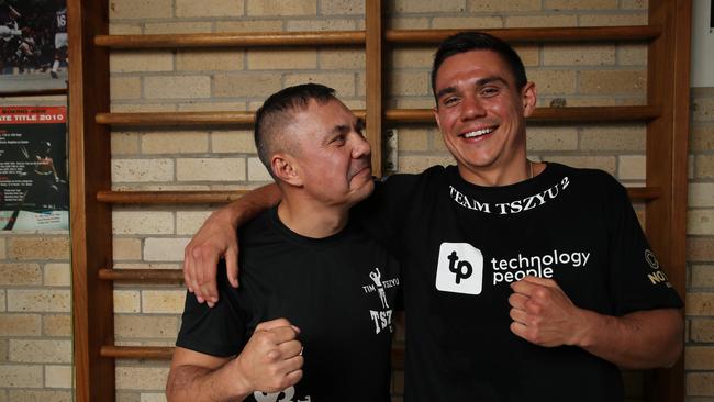 Australian boxing star Tim Tszyu pictured with his legendary dad Kostya Tszyu. Picture: David Swift.