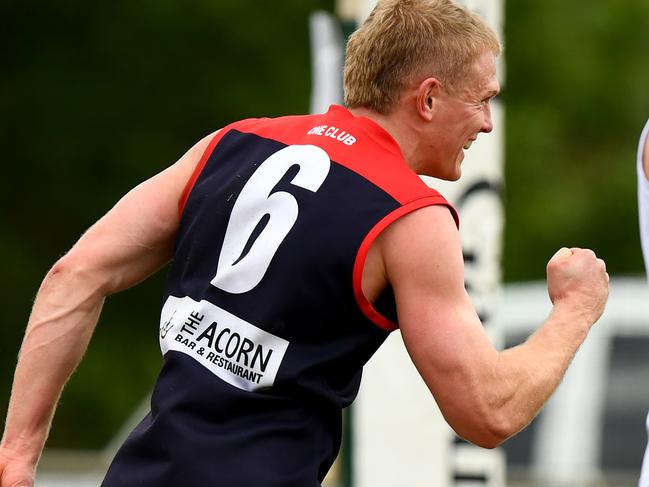 Ryan Garthwaite of Montrose celebrates kicking a goal during the 2023 Eastern Football Netball League 1st Division Seniors Semi Final match between South Belgrave and Montrose at Tormore Reserve in Boronia, Victoria on August 26, 2023. (Photo by Josh Chadwick)