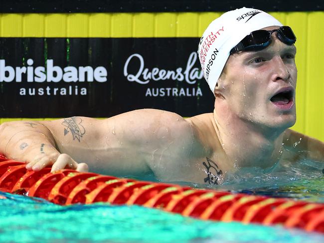 BRISBANE, AUSTRALIA - JUNE 15: Cody Simpson of Queensland reacts after competing in the MenÃ¢â&#130;¬â&#132;¢s 100m Butterfly Final during the 2024 Australian Swimming Trials at Brisbane Aquatic Centre on June 15, 2024 in Brisbane, Australia. (Photo by Quinn Rooney/Getty Images)