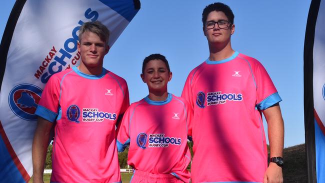 Lincoln Burnett (left), Luke Reedman, and Mark Reedman at the Rugby Union Schools Cup, October 13, 2021. Picture: Matthew Forrest