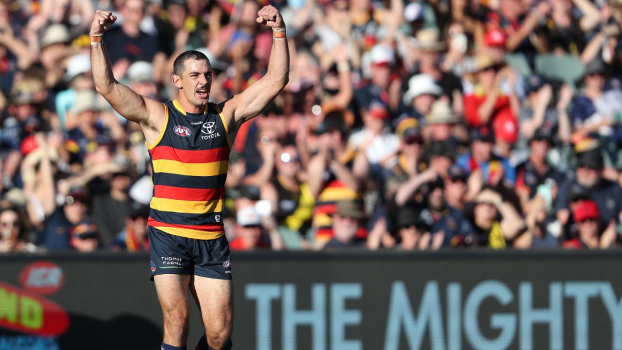 ADELAIDE, AUSTRALIA - APRIL 16: Taylor Walker of the Crows celebrates a goal during the 2022 AFL Round 05 match between the Adelaide Crows and the Richmond Tigers at Adelaide Oval on April 16, 2022 In Adelaide, Australia. (Photo by Sarah Reed/AFL Photos via Getty Images)