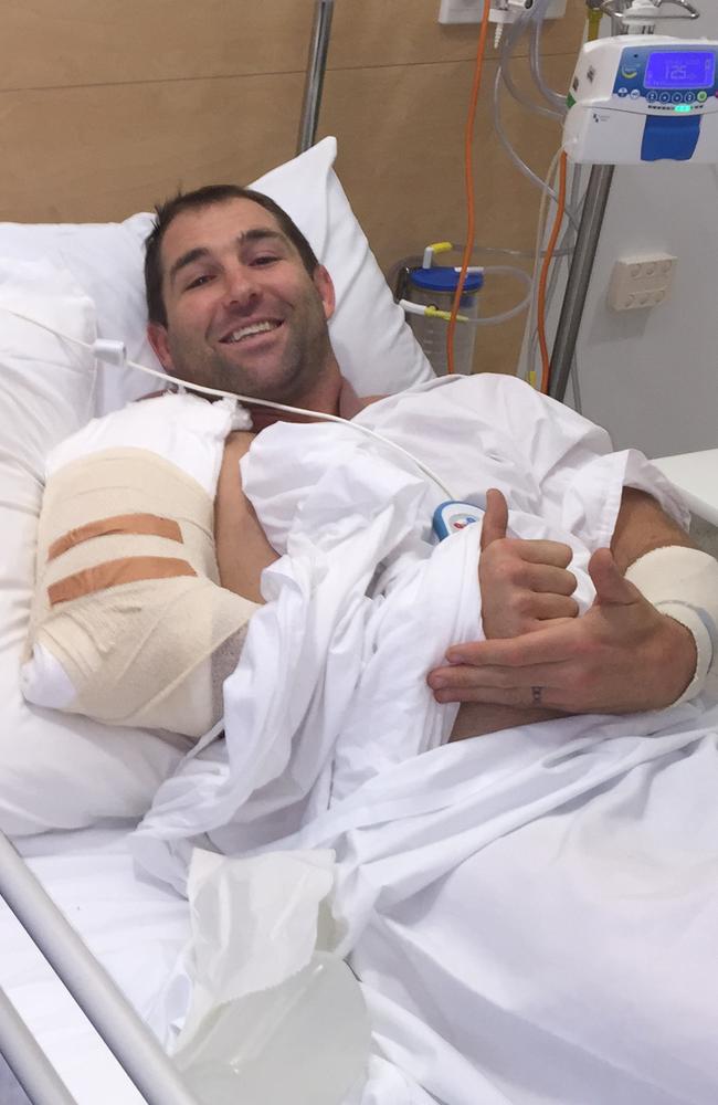 Ben Ross in hospital recovering from breaking his arm on the NRL Footy Show.