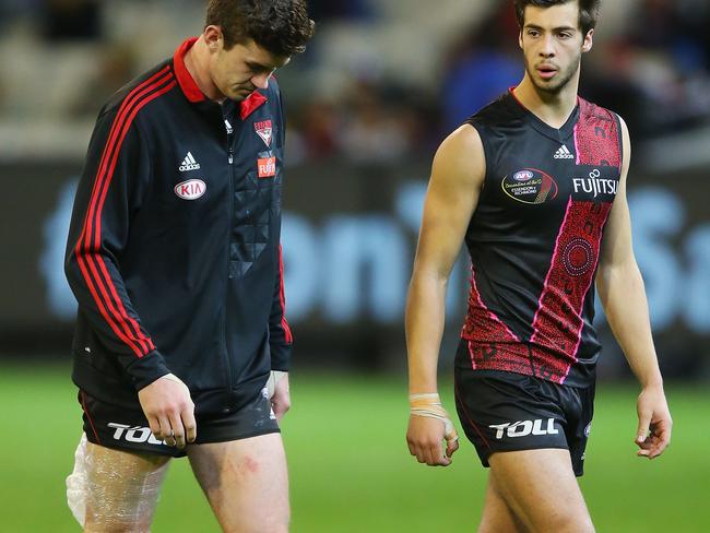 Michael Hartley had ice on his hamstring after Essendon’s loss. Picture: Getty