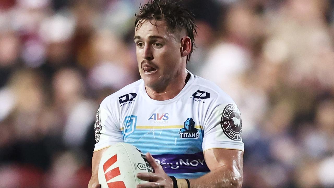 SYDNEY, AUSTRALIA - APRIL 29: Alexander Brimson of the Titans runs with the ball during the round nine NRL match between Manly Sea Eagles and Gold Coast Titans at 4 Pines Park on April 29, 2023 in Sydney, Australia. (Photo by Matt King/Getty Images)