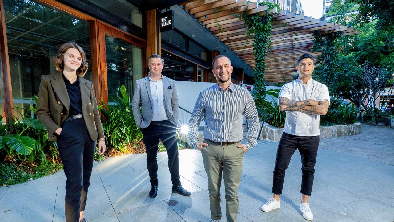 Kate Steeghs, Cameron Croad, Michael Tassis and Felipe Oliveira at Rich and Rare Restaurant at West End Village. Picture: Richard Walker