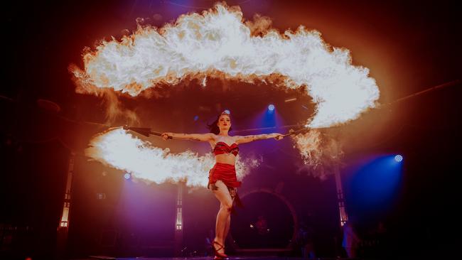 A fire performer in cabaret-circus show Limbo. Appearing at the Fringe Festival in 2025 Picture: Georgia Moloney