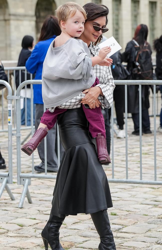 Model, actress and podcaster Emily Ratajkowski took her three-year-old son Sylvester Apollo Bear as her date to the Loewe show. Picture: Splash/Backgrid