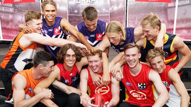 The top 10 draft picks ham it up with No.1 Matt Rowell. Picture: AAP