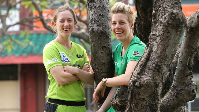 Australian cricketers Rachael Haynes, left, and Elyse Villani say Cricket Australia’s Parental Leave policy is a game-changer. Picture: Lyndon Mechielsen