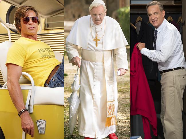 This combination of photos shows best supporting actor Oscar nominees, from left, Joe Pesci in "The Irishman," Al Pacino in "The Irishman," Brad Pitt in "Once Upon a Time...in Hollywood," Anthony Hopkins in "The Two Popes," and Tom Hanks in "A Beautiful Day in the Neighborhood."  The 92nd Academy Awards will take place Feb. 9 in Los Angeles at the Dolby Theatre.(Netflix/Netflix/Sony/Netflix/Sony via AP)