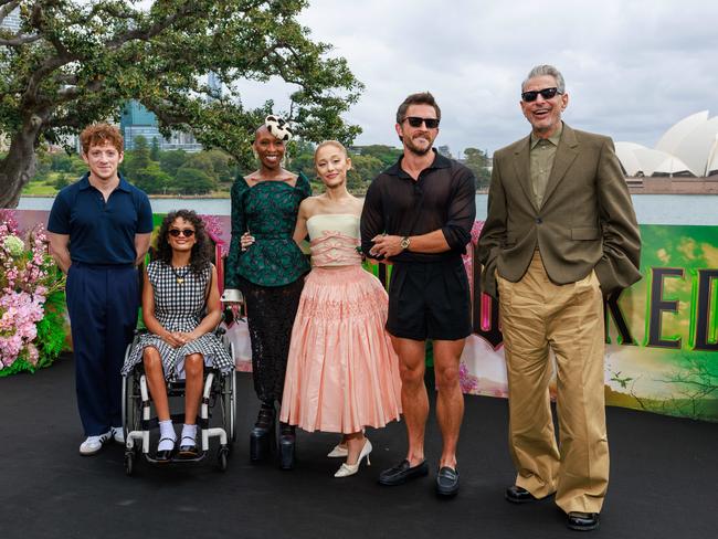 Wicked cast Ethan Slater, Marissa Bode, Cynthia Erivo, Ariana Grande, Jonathan Bailey and Jeff Goldblum at Mrs Macquarie's Chair in Sydney. Picture: Justin Lloyd.