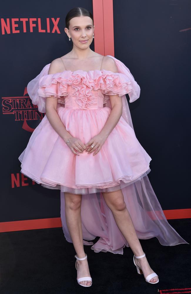 Millie Bobby Brown, in custom Rodarte, channelled Swan Lake at the Stranger Things’ premiere in LA last month. Picture: AFP