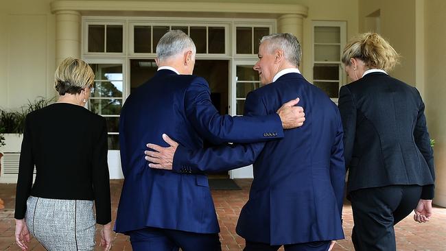 Deputy Liberal Leader Julie Bishop and Prime Minister Malcolm Turnbull join new Nationals Leader and Deputy PM Michael McCormack and Deputy Nationals Leader Bridget McKenzie yesterday. Photo: Kym Smith