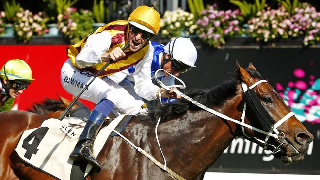 Hugh Bowman rides Preferment to victory in the Turnbull Stakes. Picture: Colleen Petch