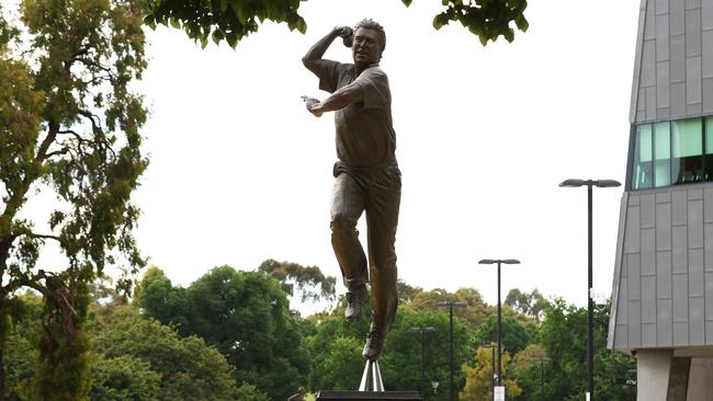 MELBOURNE, AUSTRALIA - DECEMBER 26: The statue of Shane Warne is seen as cricket fans arrive at the MCG during day one of the Second Test match in the series between Australia and South Africa at Melbourne Cricket Ground on December 26, 2022 in Melbourne, Australia. (Photo by Graham Denholm - CA/Cricket Australia via Getty Images)