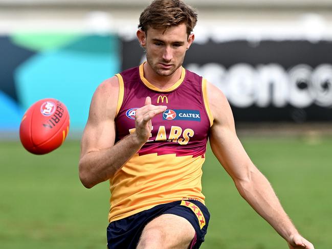 BRISBANE, AUSTRALIA - APRIL 09: Harris Andrews kicks the ball during a Brisbane Lions AFL training session at Brighton Homes Arena on April 09, 2024 in Brisbane, Australia. (Photo by Bradley Kanaris/Getty Images)