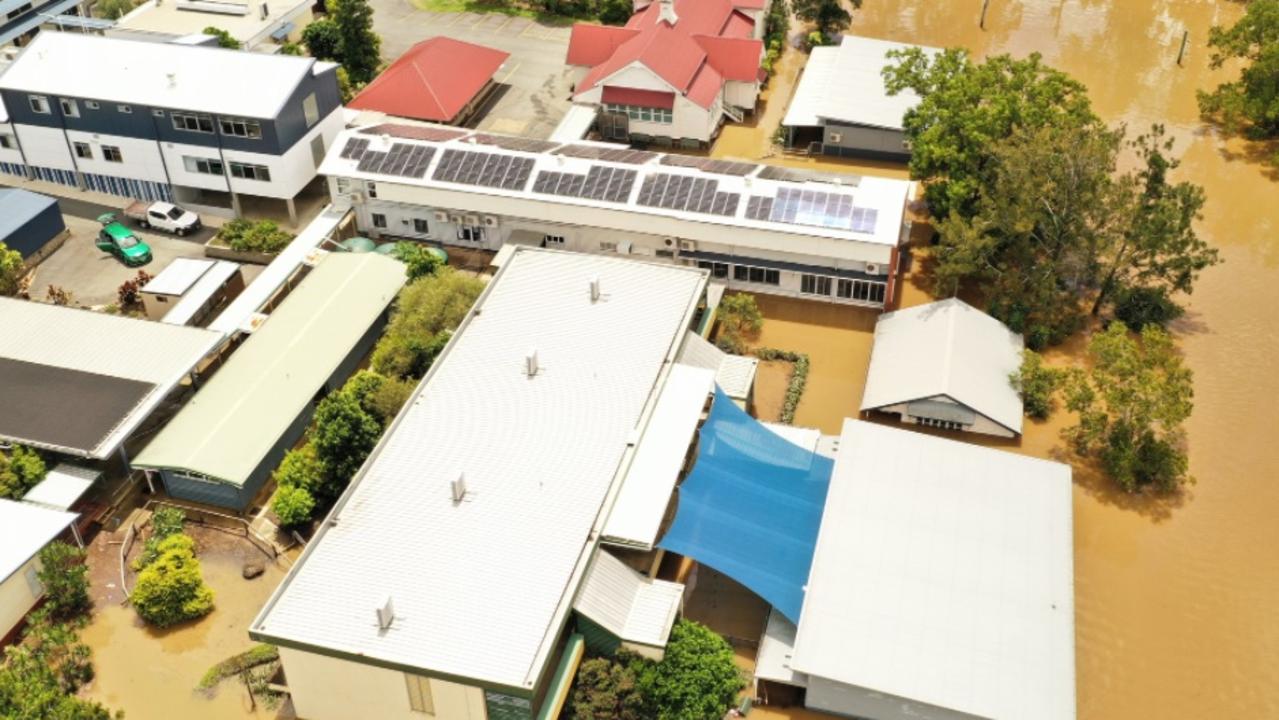 An aerial shot of One Mile School near Gympie at the peak of the flood in late February. Picture: Infinity Flights Photography.