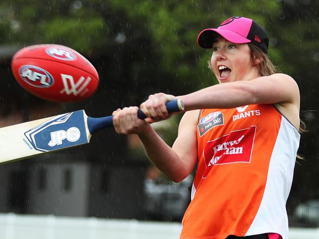 GWS Giants AFLW number one draft pick Jodie Hicks  who will also play WBBL for the Sydney Sixers this season, at Drummoyne Oval Sydney. Picture: Brett Costello