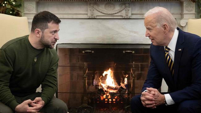 Volodymyr Zelenskyy meets with US President Joe Biden in the Oval Office. Picture: AFP