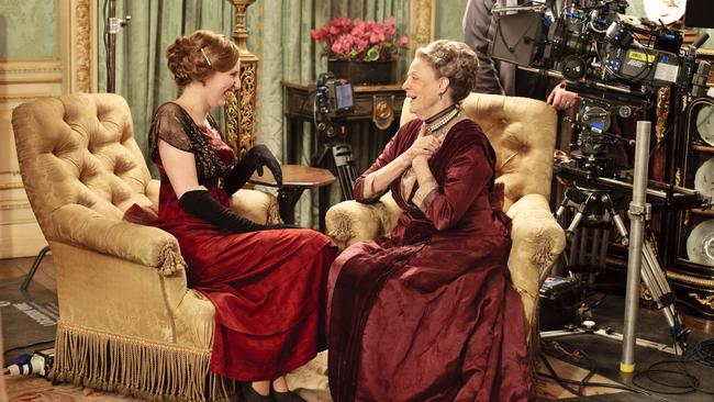 Rehearsing a scene for Downton Abbey with Laura Carmichael (L). Picture: Channel 7