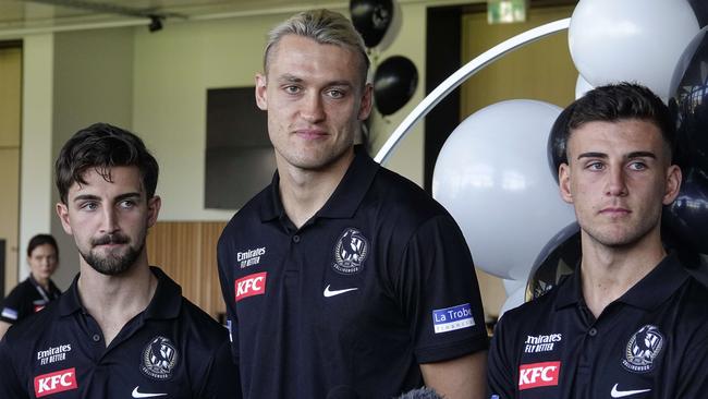 Collingwood Press conference. Collingwood players Josh Daicos, Darcy Moore and Nick Daicos Picture: Valeriu Campan