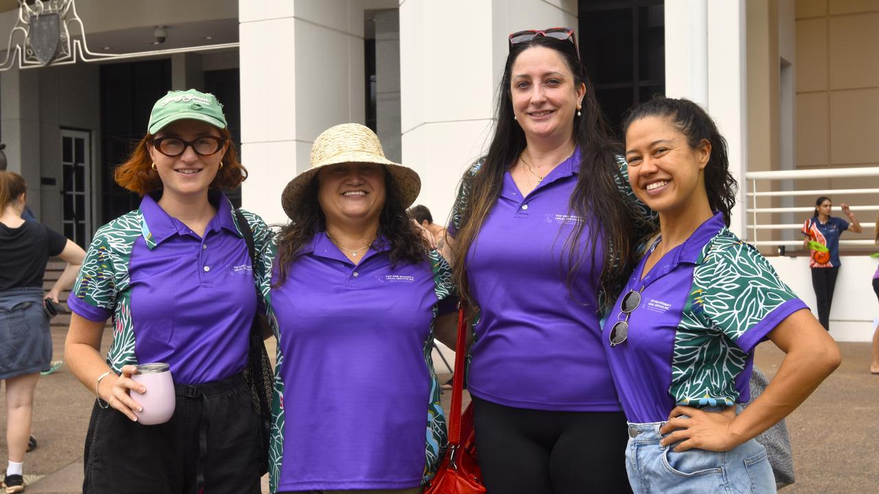 Samantha Wilson, Rachael Hillier, Elma Nidorfer, Alex Sara at the Darwin No More Violence rally at Parliament House, 2024. Picture: Sierra Haigh