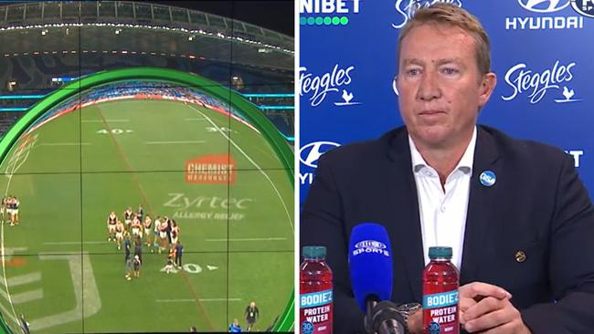 Trent Robinson had words with Elliot Whitehead. Photo: Fox Sports.