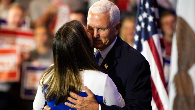 Former US Vice President and 2024 presidential hopeful Mike Penceembraces wife Karen Pence before speaking at a campaign launch event in Iowa. Picture: AFP.