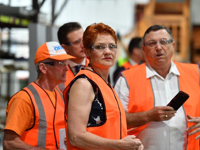 Pauline Hanson campaigning in her capacity as a federal senator, with state One Nation leader Steve Dickson busy campaigning in his Buderim electorate; and the candidate she didn’t know about doesn’t want to meet her. Picture: AAP Image/Mick Tsikas