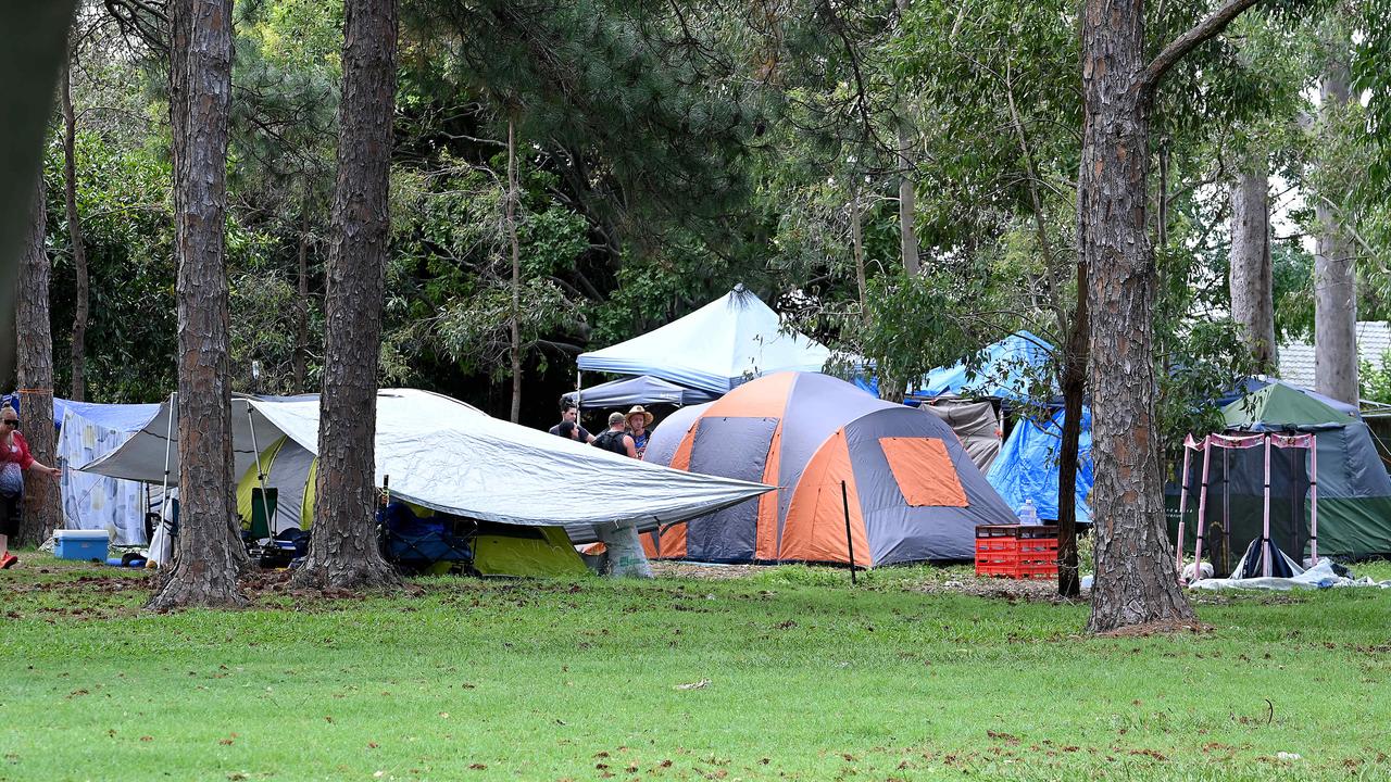 Tent city at McKillop Park at Rothwell, north of Brisbane, in April Picture: John Gass