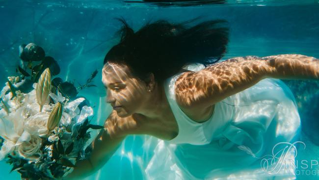 A unique way to capture a love story ... When Cassy Bailey and her groom Jeremy Fischer wed they opted for a magical underwater wedding shoot in Darwin photographer Toni Walsh’s backyard pool. Pics: Toni Walsh inspirephotographydarwin.com