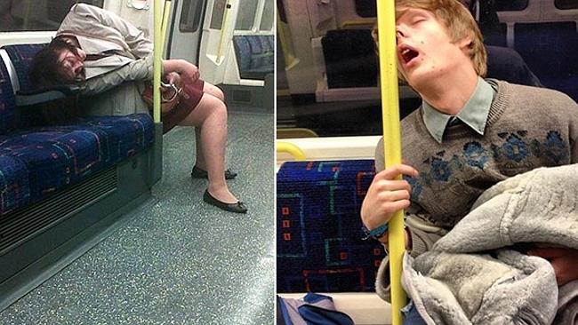 He nose the pole makes a good head rest. Picture: SleepyCommuters/Twitter