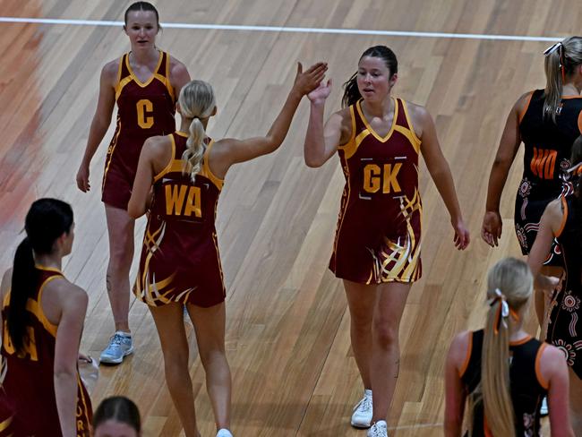 U17 Latrobe Valley v Goulburn players during the Netball Victoria State Titles at the State Netball Centre in Parkville, Saturday, Oct. 7, 2023. Picture: Andy Brownbill