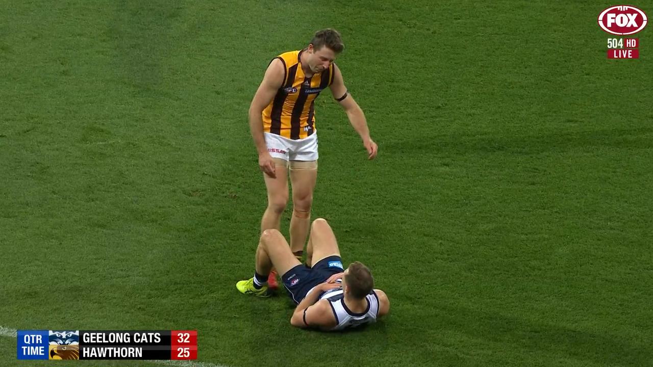 Liam Shiels and Joel Selwood were involved in a battle at quarter time.