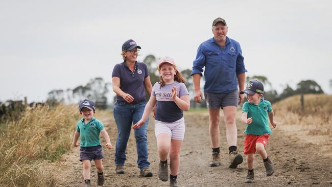 Irrewillipe dairy farmers Greg and Kim Wilson run Oakhampton Dairies milking 1100 cows on 1000ha. Pictured with their children Ella, 7,Henry, 4 and Lenny, 3. Pictures: Nicole Cleary