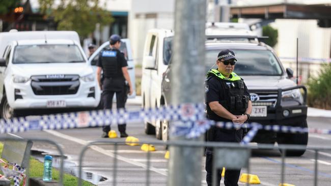 The area around the hotel remains subject to an exclusion zone, with police closing off streets. Picture: Brendan Radke