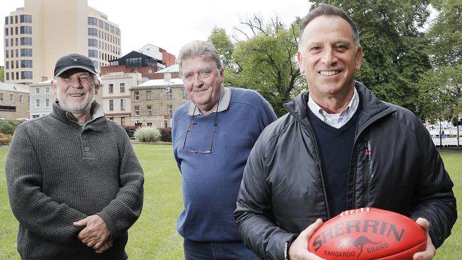 L-R Stephen Bourke, Russell Hanson and Angelo Fraraccio who are advocates for the proposed stadium in Hobart to accommodate a new AFL team. Picture: Craig Warhurst