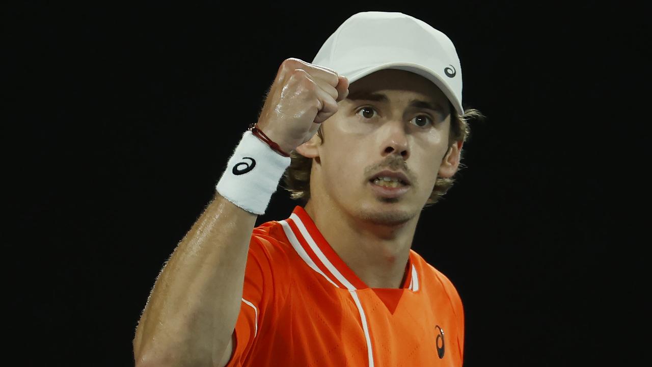 MELBOURNE , AUSTRALIA. January 21 , 2024. Australian Open Tennis. Day 8. Alex de Minaur vs Andrey Rublev on Rod Laver Arena. Alex de Minaur wins the 3rd set . Pic: Michael Klein