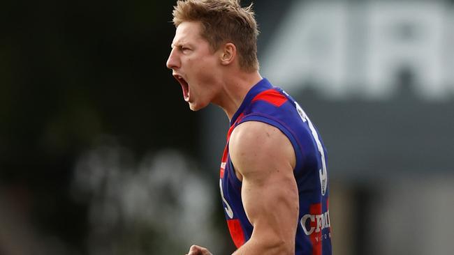 Eli Templeton is jubilant after kicking a goal against Carlton last Saturday.