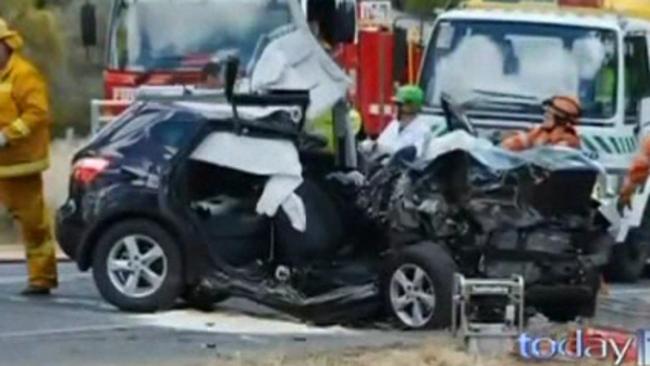 The scene where Brooke Richardson crashed her car into a tree when leaning down to pick up her phone after sending a text while driving. Source: Today Tonight