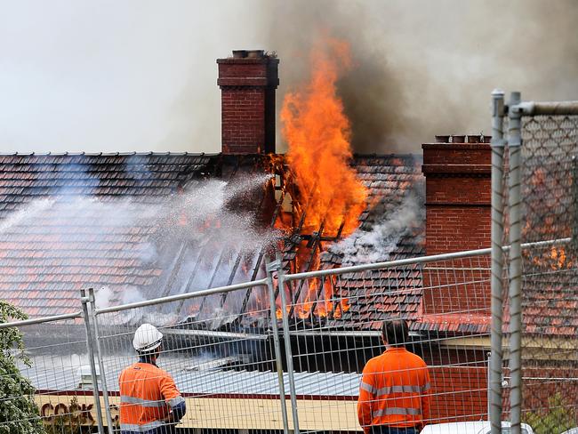 The fire in progress at the Peacock Centre in North Hobart. Picture: SAM ROSEWARNE