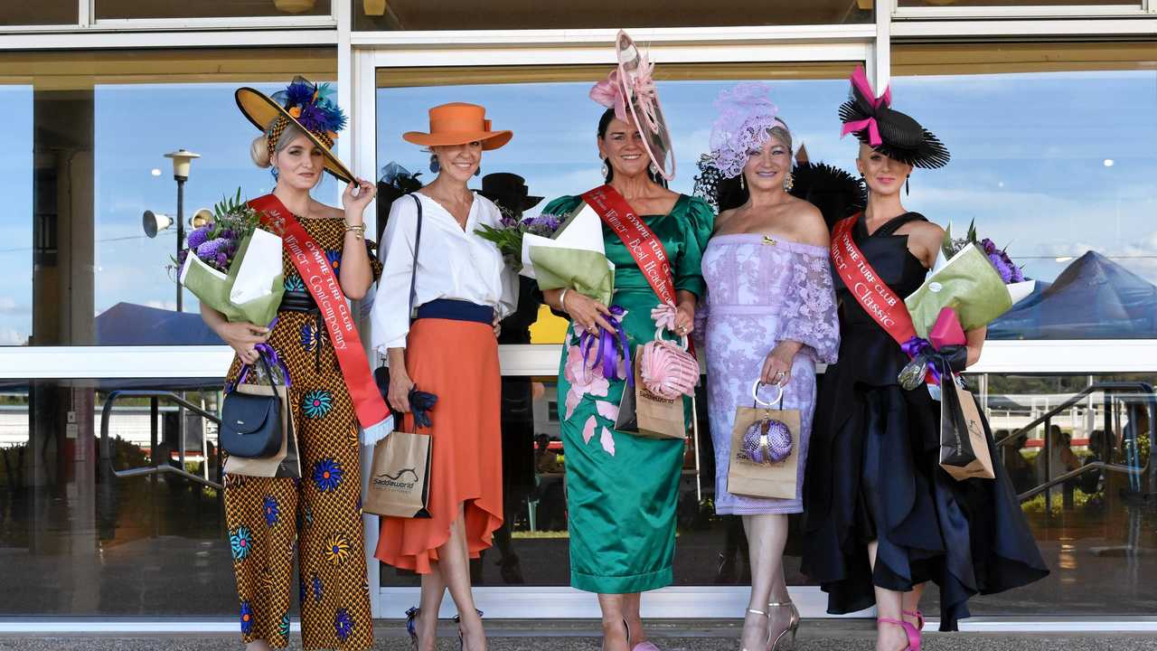 Fashions of the field - Ladies (from left) Winner contemporary Helen Strong,  runner-up contemporary Margery Mayall, winner best headware Verelle O'Shanesy, runner-up classic Kellie Mahlstedt and winner classic Rebecca Jane. Picture: Bec Singh