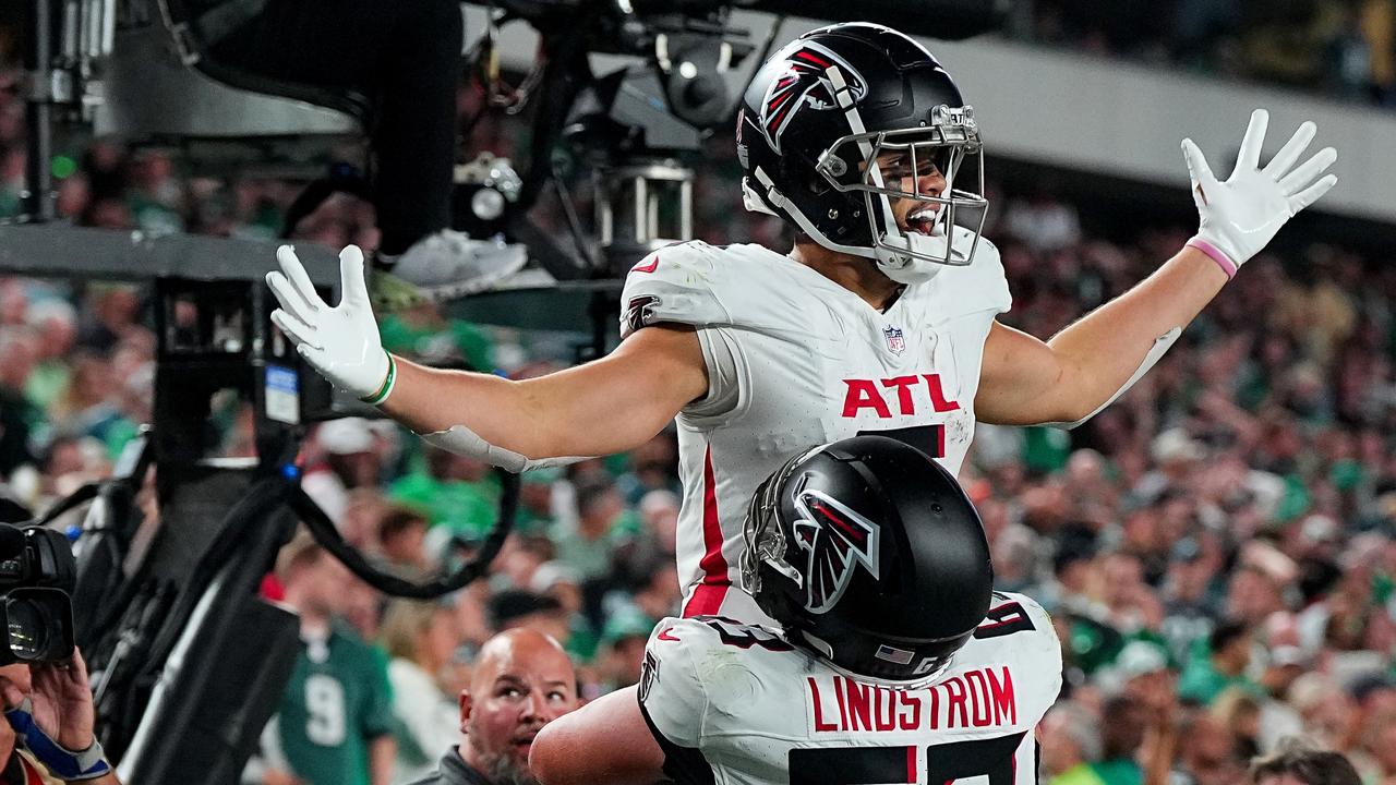 Drake London of the Atlanta Falcons celebrates with Chris Lindstrom #63 after scoring a touchdown against the Philadelphia Eagles. Picture: Mitchell Leff/Getty Images