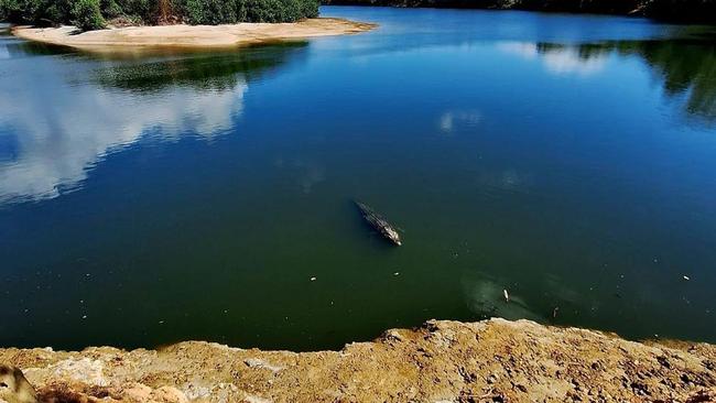 A large croc spotted at Crocodile Bend on the Annan River before a man was taken and killed by a 4.9m animal on Saturday. Picture: Robbie Giblin