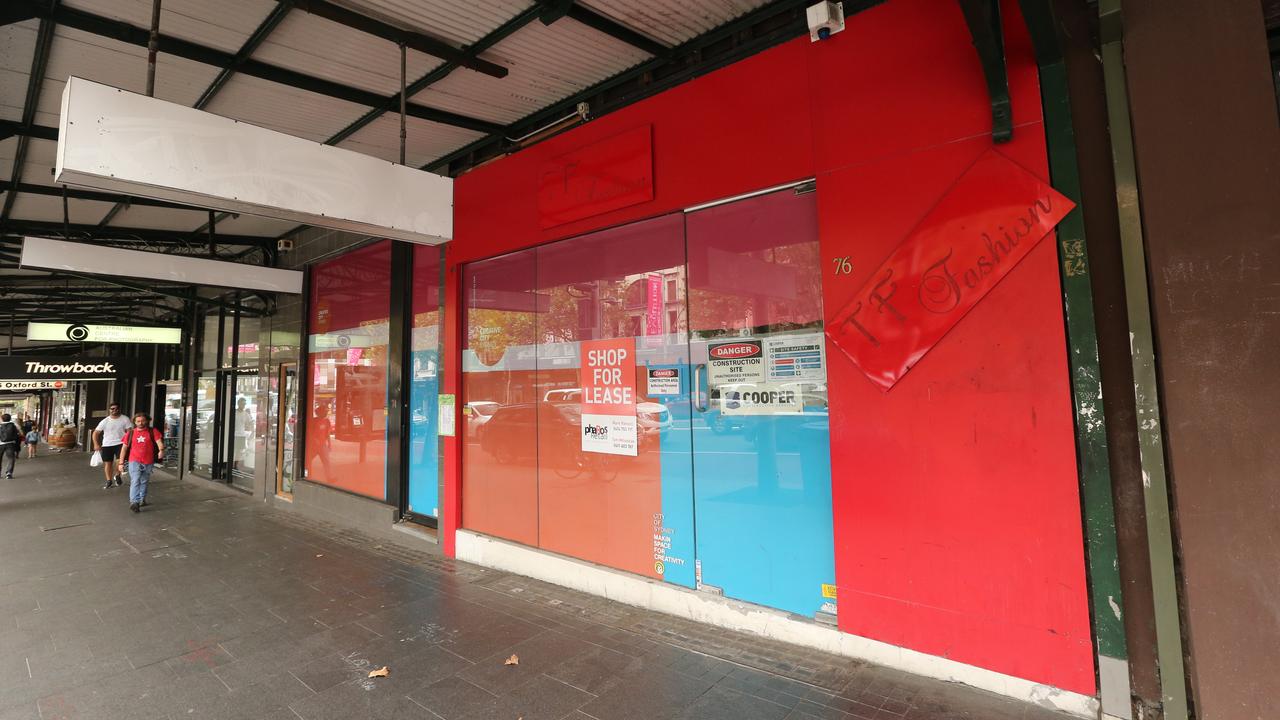 The once-vibrant Oxford St in Darlinghurst is now littered with empty shops. Picture: Richard Dobson