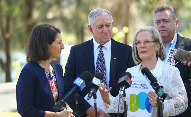 The wife of Prime Minister Malcolm Turnbull, Lucy Turnbull speaks at the launch of the district plans, flanked by Premier Gladys Berejiklian, Chairman of Infrastructure NSW Graham Bradley AM, and Minister for Planning and Housing Anthony Roberts.